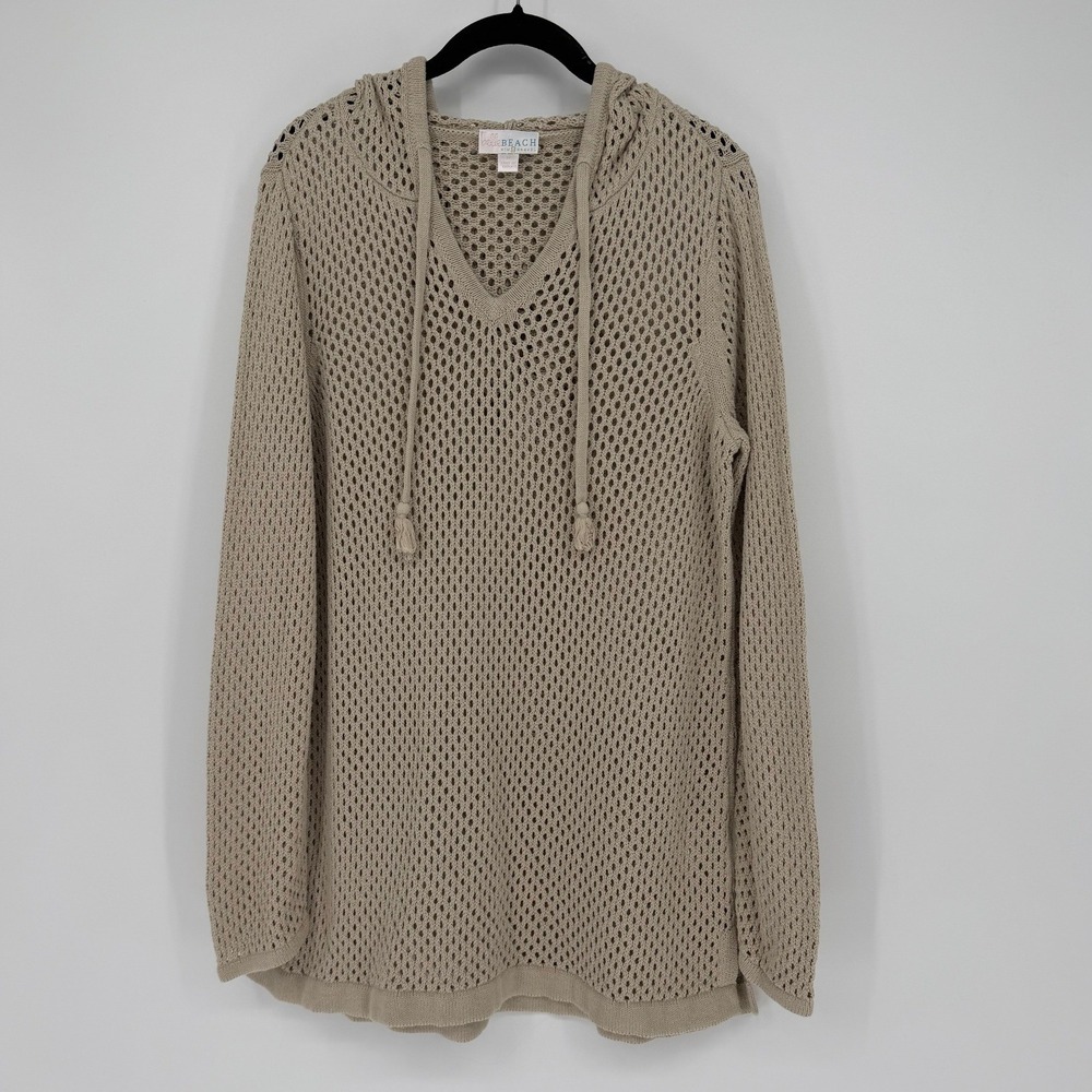 Belle by Kim Gravel Womens Tan Open Knit Cotton Hoodie Sweater V-Neck Tassels M